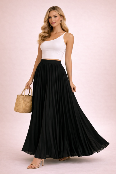 jupe plissée longue maxi noir intense vue trois quarts face sur mannequin