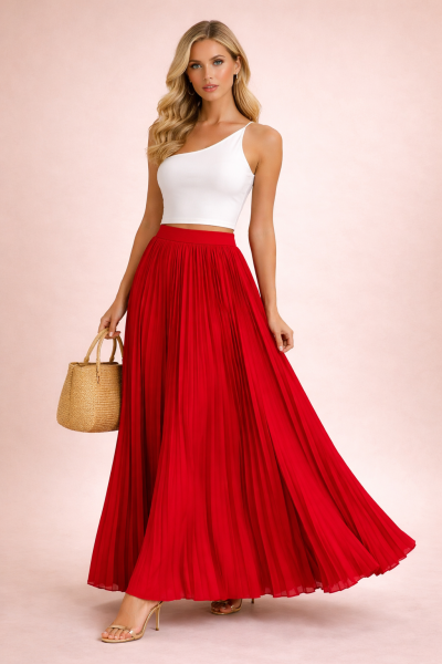 jupe plissée longue maxi rouge intense vue trois quarts face sur mannequin