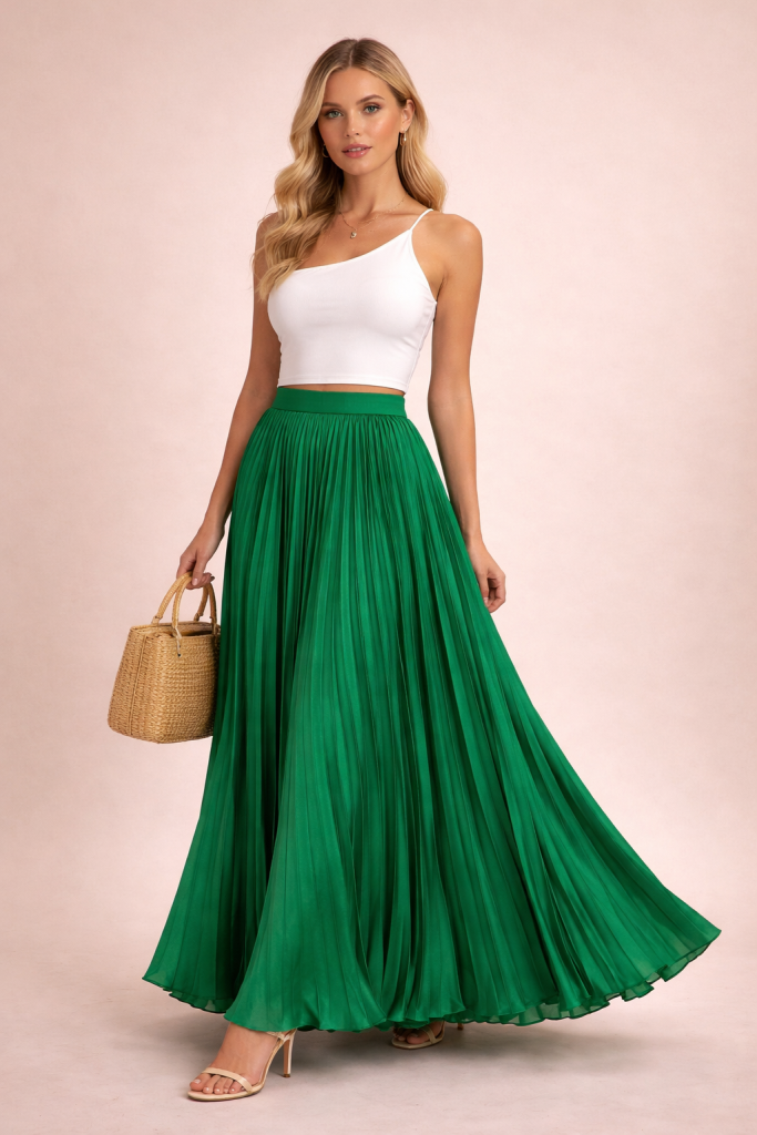 Jupe plissée longue maxi fluide vert émeraude à taille haute