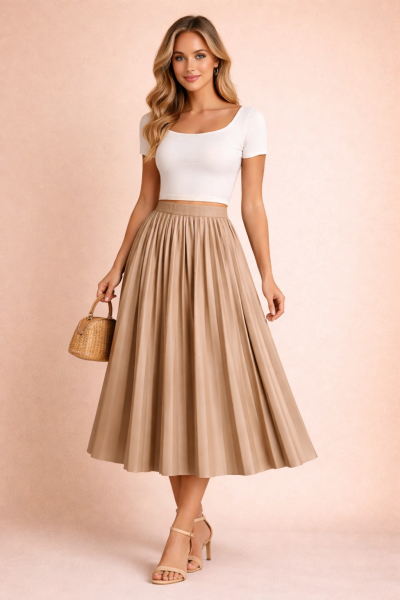 jupe plissée midi en cuir beige sable trois quarts face