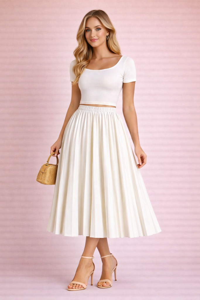 Jupe plissée midi en cuir blanc ivoire élégante