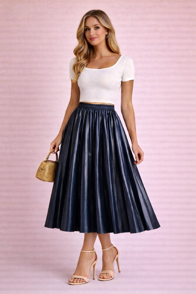 Jupe plissée midi en cuir bleu marine foncé élégante