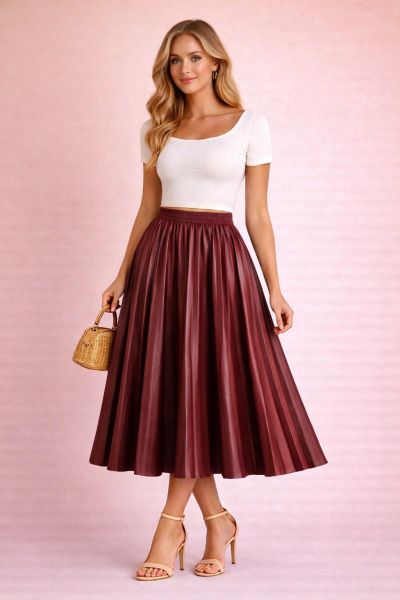 jupe plissée midi bordeaux foncé en cuir vue trois quarts face