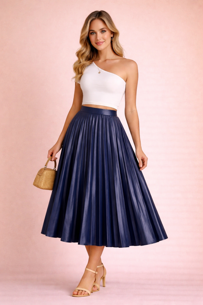 Jupe Plissée Midi en Cuir Bleu Marine – Élégance Structurée