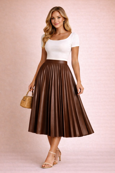 Jupe plissée midi en cuir brun chocolat portée par un mannequin femme blonde en vue trois quarts face