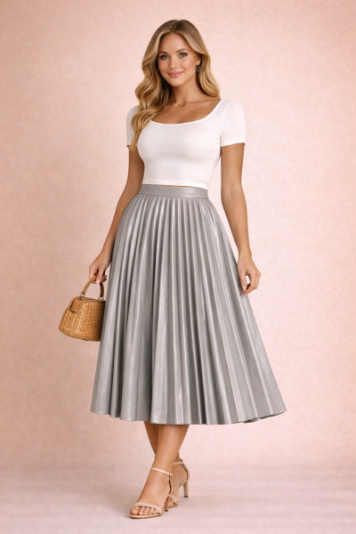 Jupe plissée midi en cuir gris perle portée par un mannequin femme blonde en vue trois quarts face