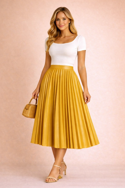Jupe plissée midi en cuir jaune moutarde portée par un mannequin femme blonde en vue trois quarts face