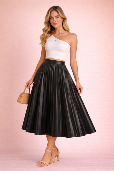 Jupe plissée midi en cuir noir profond portée par un mannequin femme blonde en vue trois quarts face
