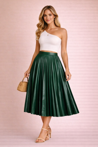 Jupe plissée midi en cuir vert sapin portée par un mannequin femme blonde en vue trois quarts face