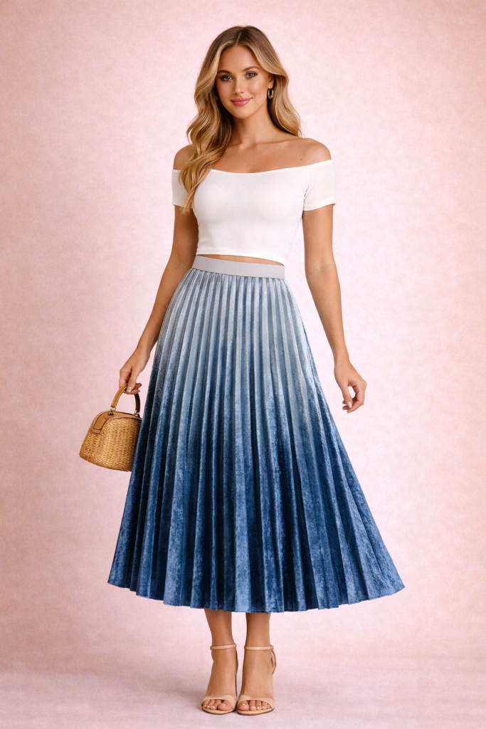 Jupe plissée midi velours dégradé gris bleu