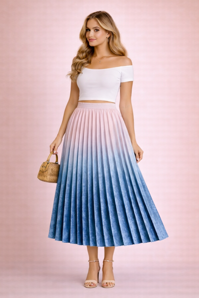 Jupe plissée midi dégradé rose bleu en velours fluide – Taille haute élégante