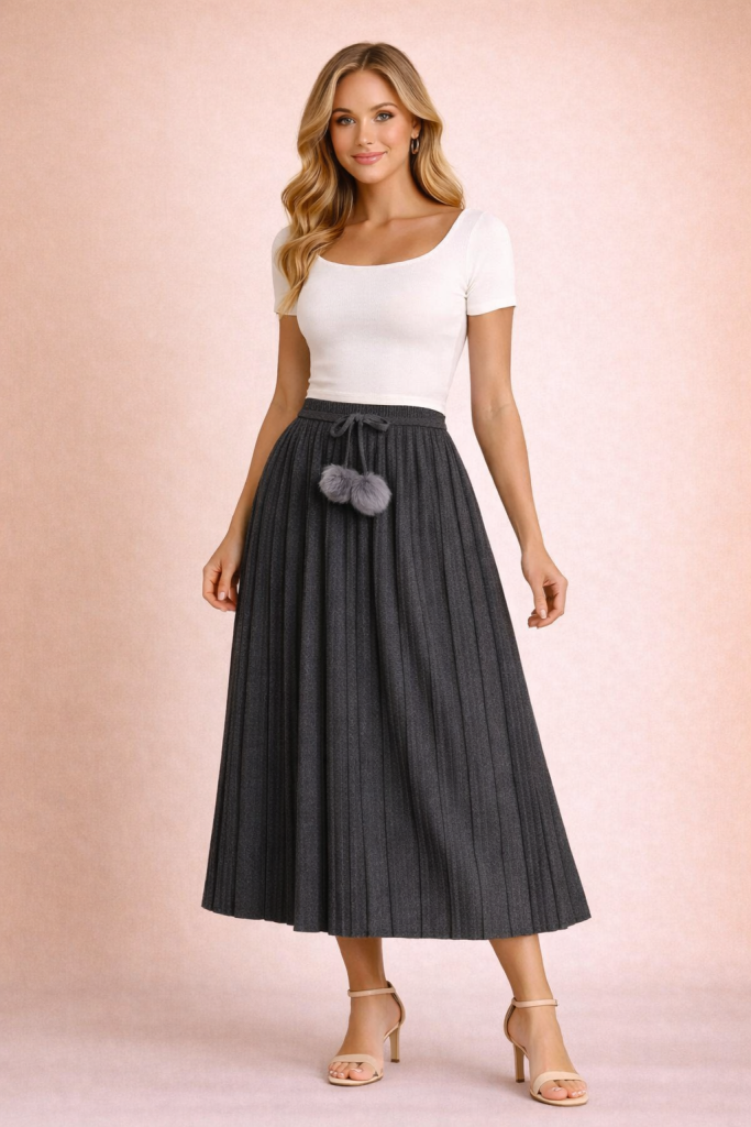 Jupe plissée midi maille fine gris anthracite chic et fluide