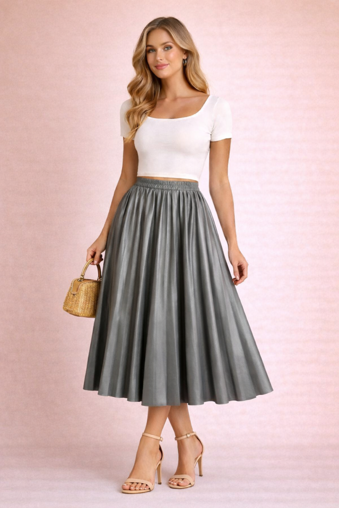 Jupe plissée midi en cuir gris argent élégante