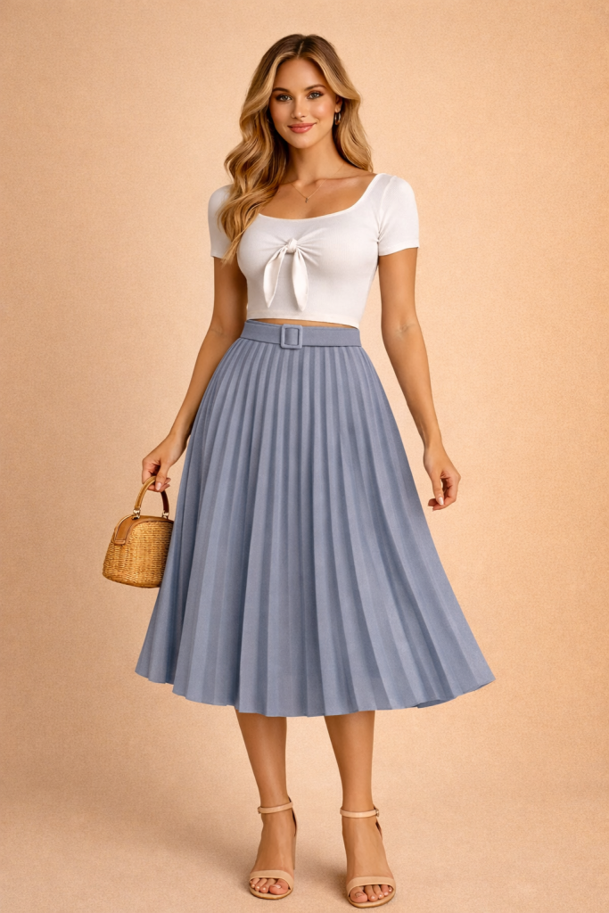 Jupe Plissée Midi Dégradée Gris Bleuté avec ceinture