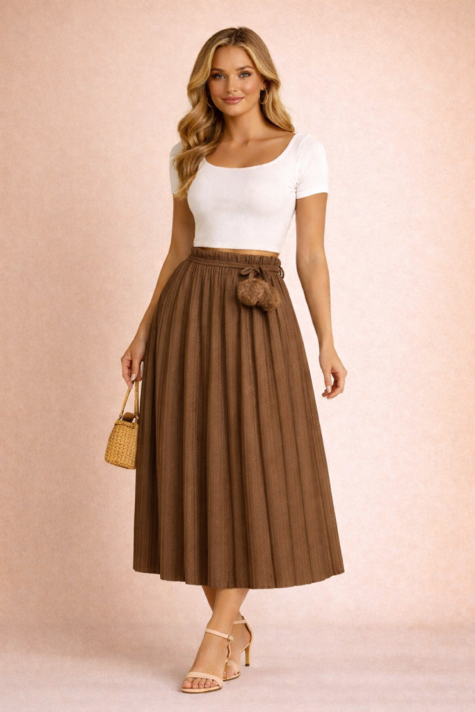 Jupe plissée midi maille fine marron chocolat chic et fluide