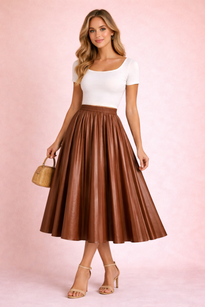 jupe plissée midi en cuir marron cuivre trois quarts face