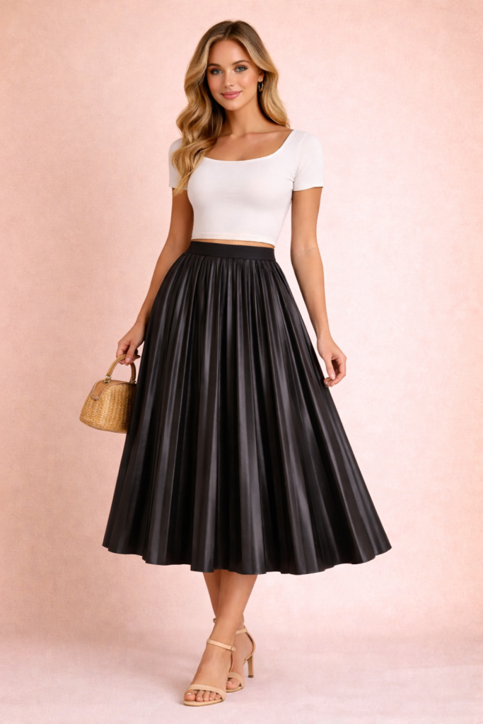 Jupe plissée midi en cuir noir intense élégante