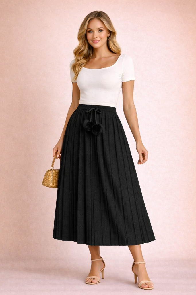 Jupe plissée midi maille fine noir chic et fluide