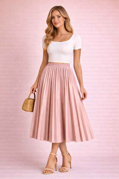 jupe plissée midi rose poudré en cuir vue trois quarts face