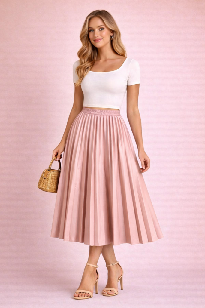 Jupe plissée midi en cuir rose poudré élégante