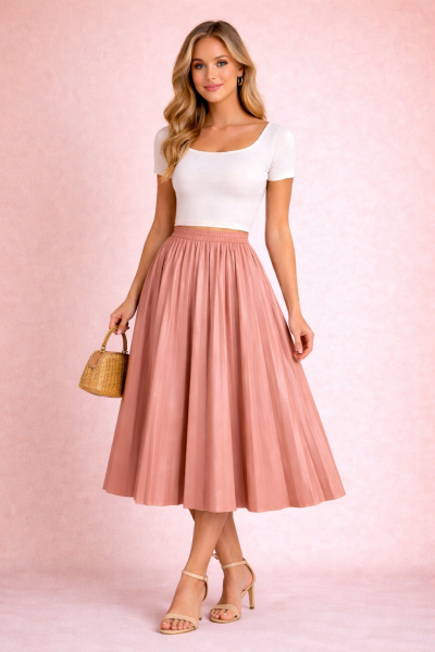 jupe plissée midi en cuir rose poudré foncé trois quarts face