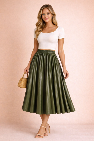 jupe plissée midi en cuir vert kaki trois quarts face