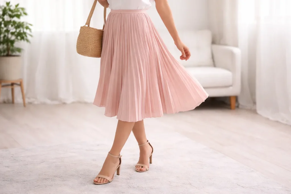 jupe plissée rose midi portée au quotidien style élégant